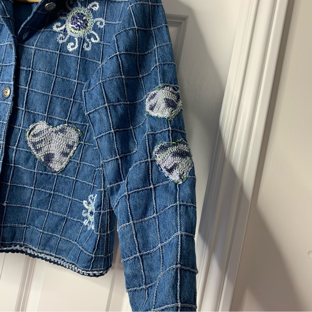 Blue Bayou Patchwork Embroidered Crochet Beaded Boho Denm jacket Women Size US S - Picture 4 of 16
